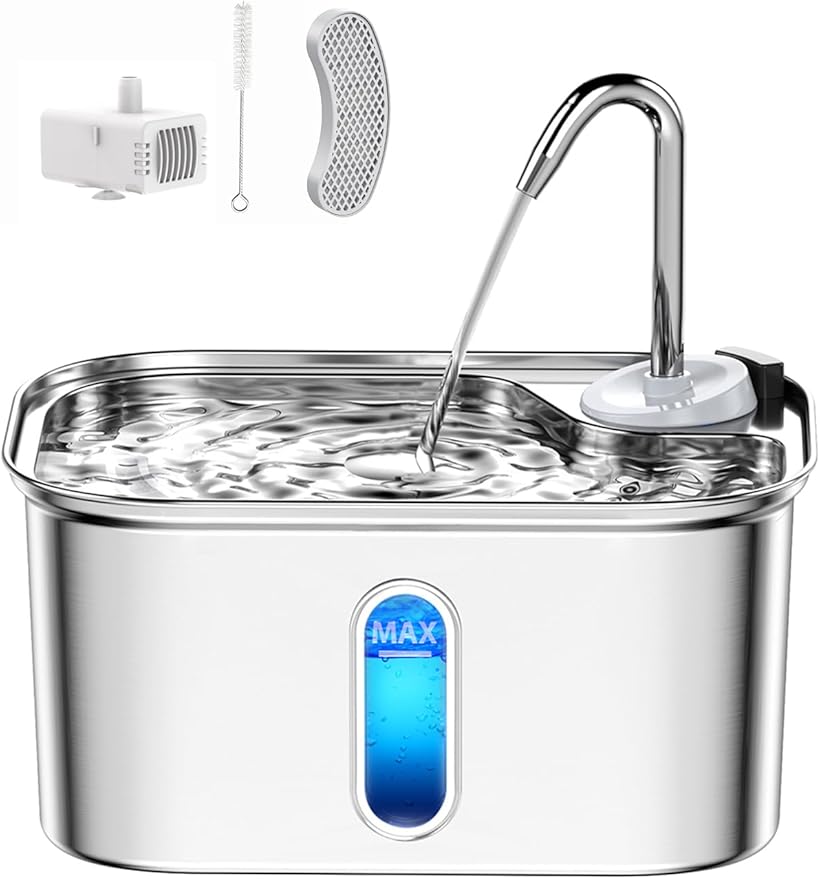 Cat Water Fountain Stainless Steel for Cats Indoor 2.5L 85oz by BPA-Free SUS304, Effective 6-Layer Filter Cat Fountain for Drinking 20dB Ultra Quiet & Soft Flow Metal Pet Water Fountain