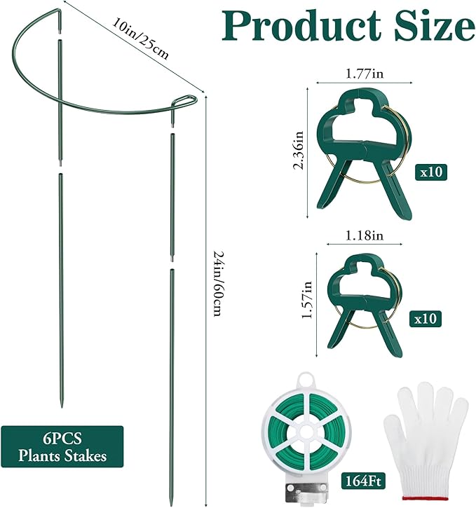 6 Pack Tall Peony Cages and Supports, 10" W x 24" H Heavy Duty Plant Peony Support Cages, Half Round Peonies Ring Metal Plant Stakes for Outdoor Plants, Garden Vegetables & Flowers