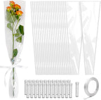 Bayurht 101 Pcs Single Rose Sleeve with Floral Water Tubes 50 Sets Single Flower Packaging Bags Single Flower Sleeve with Ribbons and Floral Water Tubes for Christmas Bouquets Wrapping (Transparent)