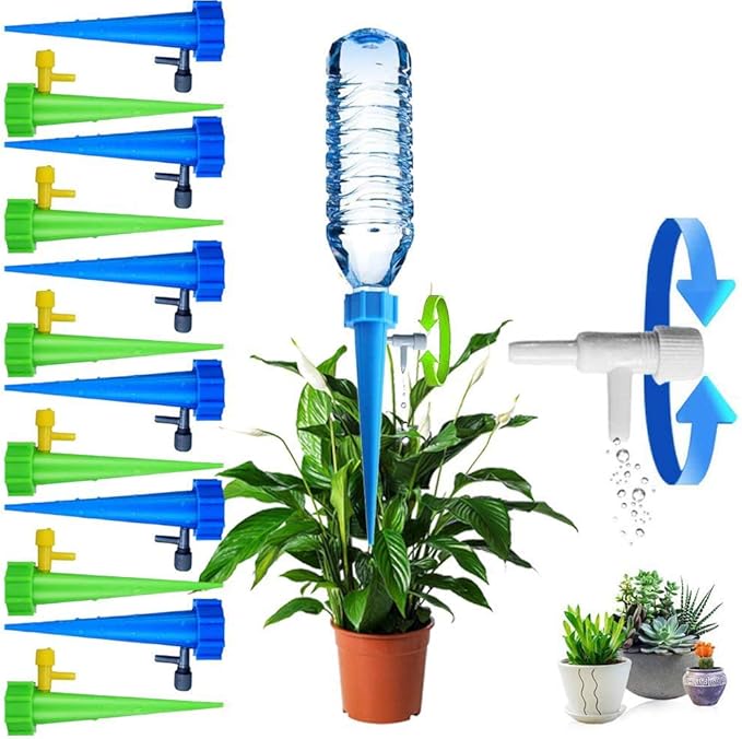 Self Watering Spikes for Indoor Outdoor Plants - 12 Pack Plastic Bottle Garden Drip Irrigation System With Adjustable Control Valve - Automatic Watering Bulbs and Globes