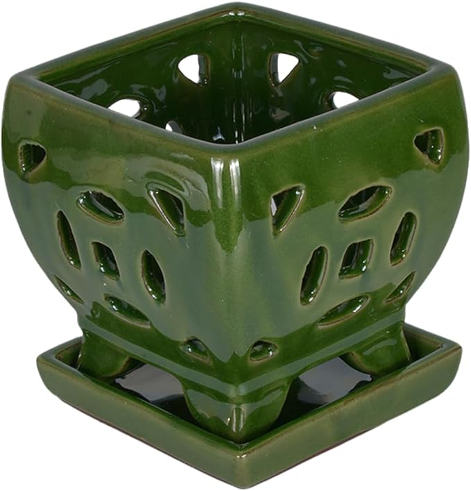 W&W Orchid Pot with Holes and Saucer for Repotting, Seagreen, 5.5"