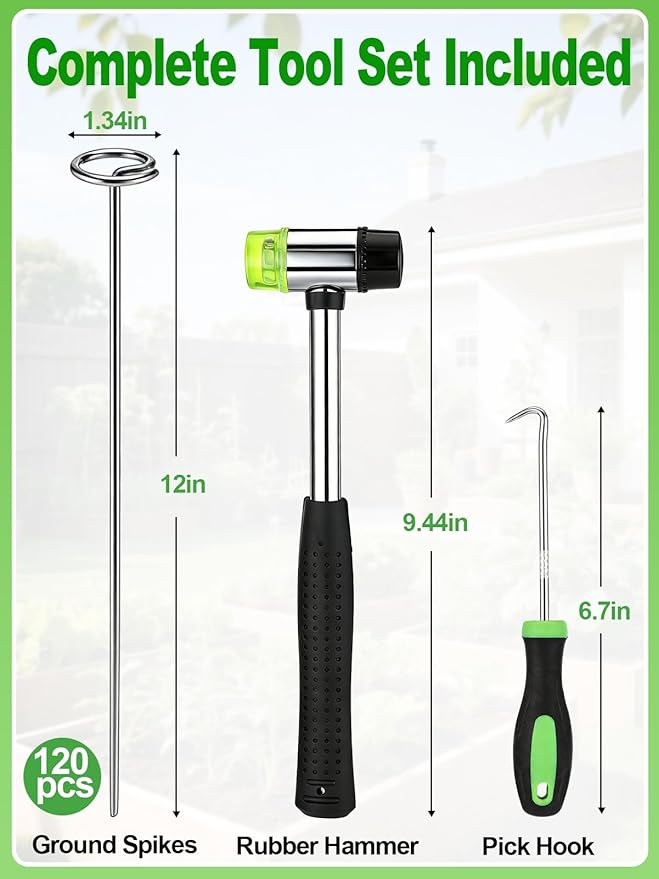 12 Inch Landscape Staples with Hook & Hammer - 120pcs Circle Top Weed Barrier Stakes Kit, 9 Gauge Galvanized Rust-Resistant Garden Fabric Pins, for SOD, Garden Edging, Install & Remove Tools Included
