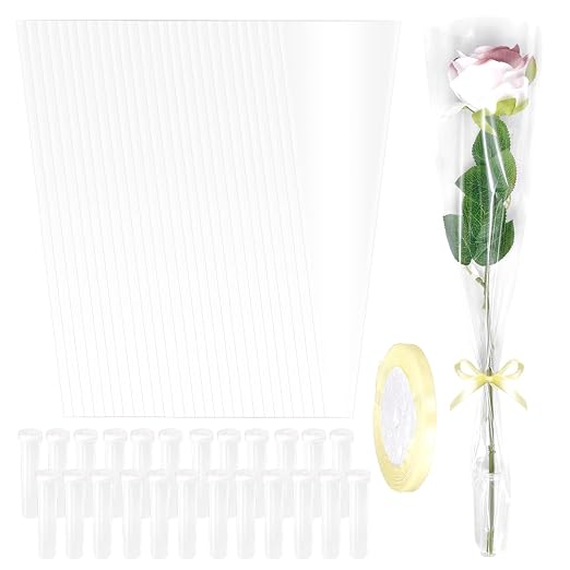 baotongle 50pcs Single Rose Sleeves with 50pcs Floral Water Tubes and Ribbons Single Flower Bags Plastic Flower Wrap for Mother's Day Wedding Birthday Supplies