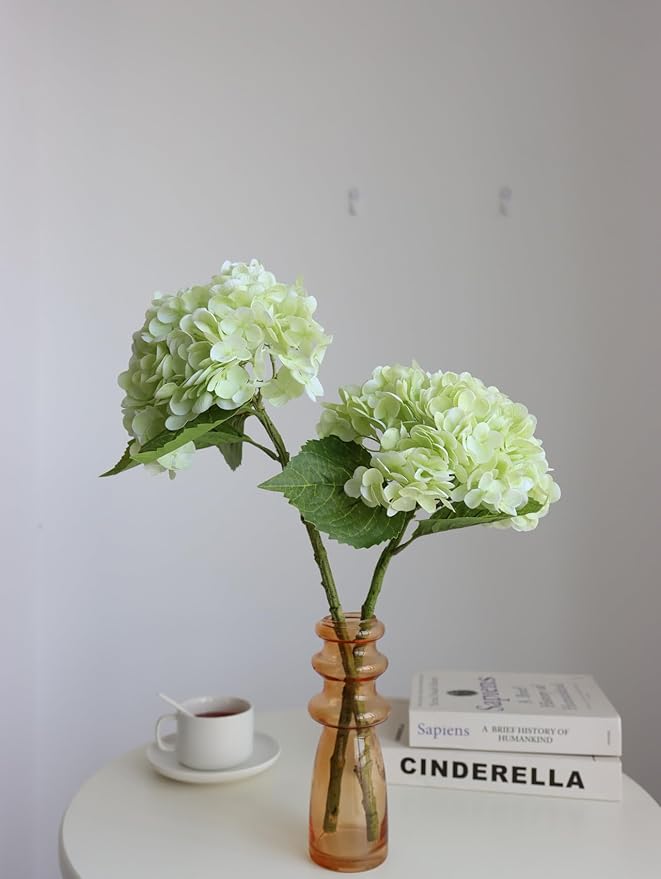 Buart 4PCS Long Stem Big Size Flowers Artificial Silk Hydrangea Lifelike Flowers Real Touch Green Artificial Flowers Wedding Shower Bride Bouquets Office Living Room Table Decorations (21 Inch)