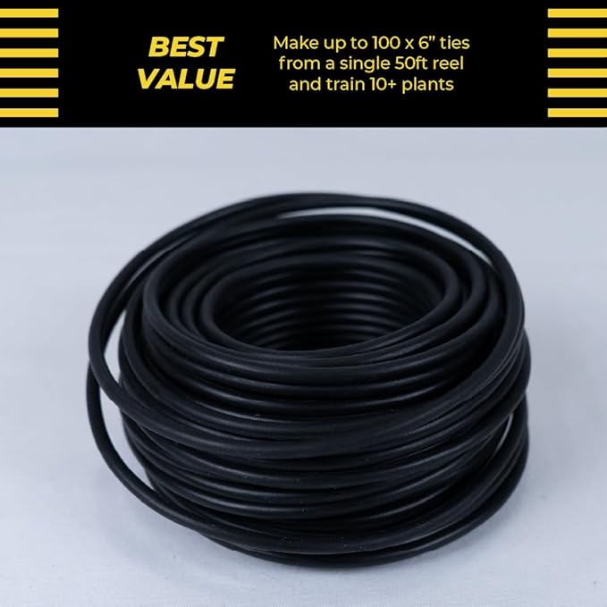 BudHuggers (Black) for Optimal Plant Training | 50ft (15M) | 3mm Thick Garden Wire Ties | Flexible & Durable | Rubber Plant Ties to Yield Bigger Buds, Stronger Branches & Larger Canopies