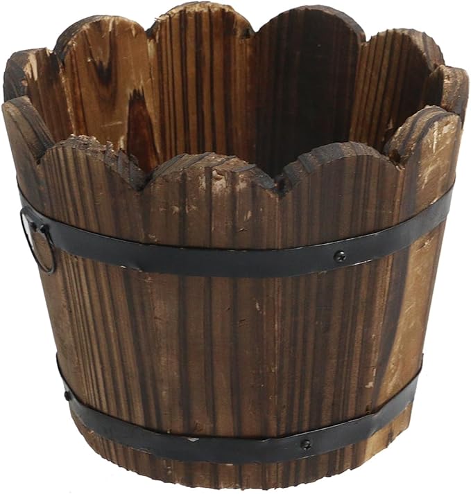 MY MIRONEY Wooden Barrel Planter Vintage Style Wood Bucket Rustic Garden Flower Plant Pots Container with Metal Ring Handles, Wave Mouth, 5.91" x 4.72"