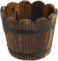 MY MIRONEY Wooden Barrel Planter Vintage Style Wood Bucket Rustic Garden Flower Plant Pots Container with Metal Ring Handles, Wave Mouth, 5.91" x 4.72"