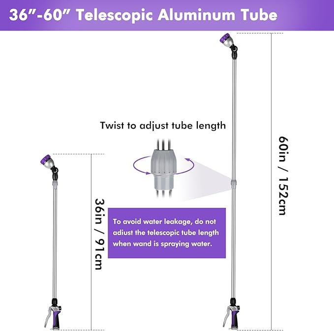 RESTMO 36”-60” Metal Watering Wand, Long Telescopic Tube | 180° Adjustable Ratcheting Head | 7 Spray Patterns | Flow Control, Perfect Garden Hose Sprayer to Water Hanging Baskets, Shrubs, Purple