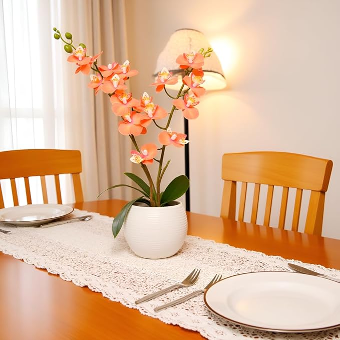 Artificial Orchid Orange Flower Potted in White Pot, Real Touch Faux Phalaenopsis Orchid for Wedding Home Office Party Decor