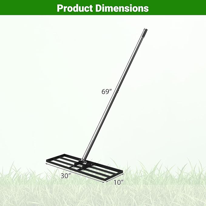Goplus Lawn Leveling Rake, 30" x 10" Heavy Duty Level Lawn Tool w/ Ergonomic Handle for Soil, Effort-Saving Landscape Rake for Garden, Backyard, Golf Course, Farm, Pasture (Black)
