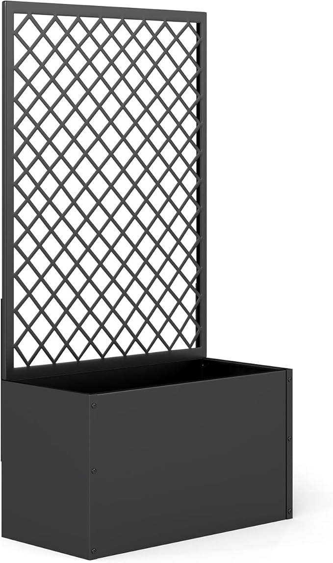 kinbor Planter with Trellis - Metal Planter Boxes Outdoor, Raised Garden Bed with Lattice Trellis for Climbing Plants, Black Flower Boxes Outdoor