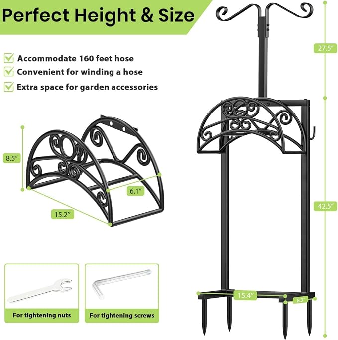 TomCare Garden Hose Holder Upgraded Water Hose Holder Heavy Duty 4 Spikes Hose Hanger Holds 160 Feet Hoses Stable Freestanding Hose Storage Organizer for Outside Yard