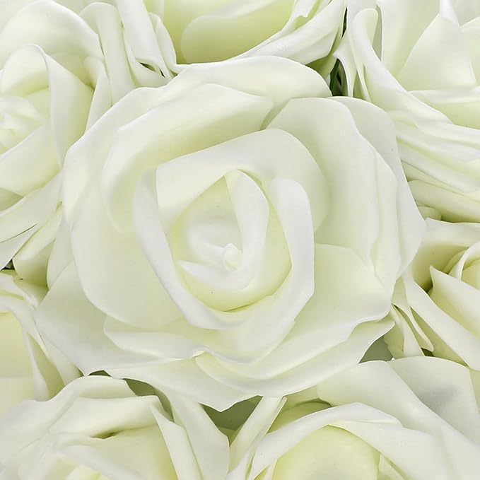 Hollyone 2Pcs White Roses Artificial Flowers in Vase Small Silk Fake Rose Bouquet Flowers Floral Arrangements with Glass Vase with Faux Water for Home Bathroom Office Table Centerpiece Decorations
