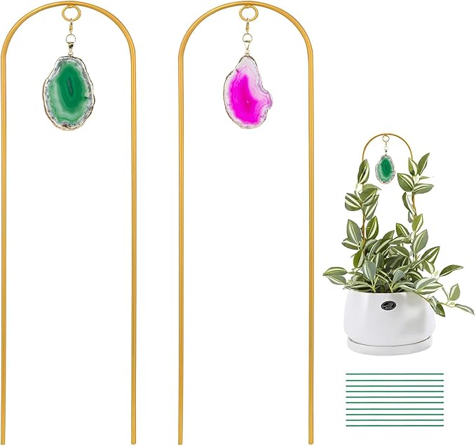 2PCS Small Gold Trellis for Climbing Plants Indoor, Mini Metal Houseplant Climber Support for Potted Plants, Boho Decorative Pot Lattice with Agate for Hoya, Pothos, Ivy, Philodendron