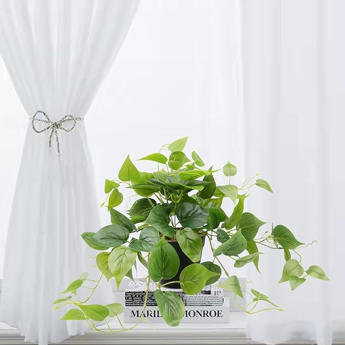 LOYWREE Artificial Scindapsus Aureus Fake Pothos Plants in Black Pots - Realistic Faux Indoor Greenery Potted for Home, Office, Desk, Shelf, Living Room, Bedroom, Balcony, Patio & Garden Decor