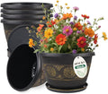Usocik 6 Pack 8 inch Plant Pots, Retro Pattern Planters with Drainage Holes and Saucer, Sturdy Plastic Garden Flower Pots for Indoor & Outdoor Plants