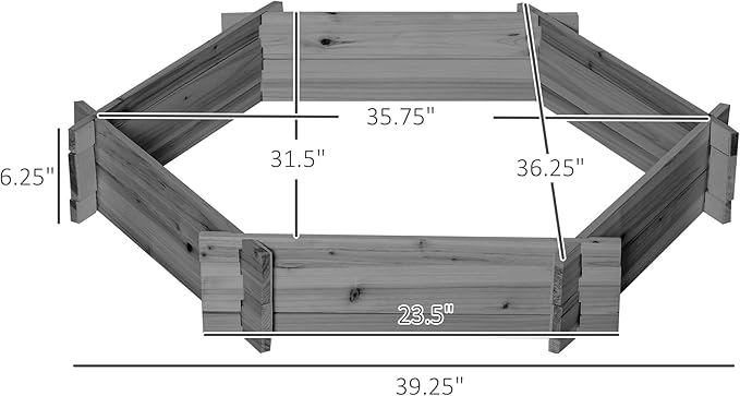 Outsunny Wooden Raised Garden Bed, Hexagon Screwless Outdoor Planter Box Plants, Vegetables, Flowers, Herbs, 39" x 36" x 6", Gray