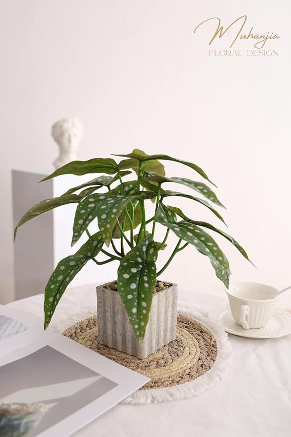 Muhanjia Artificial Potted Plant, Lifelike Faux Greenery in Decorative Cement-Look Square Pot for Indoor Home Decor Centerpieces (Polka Dot Begonia)