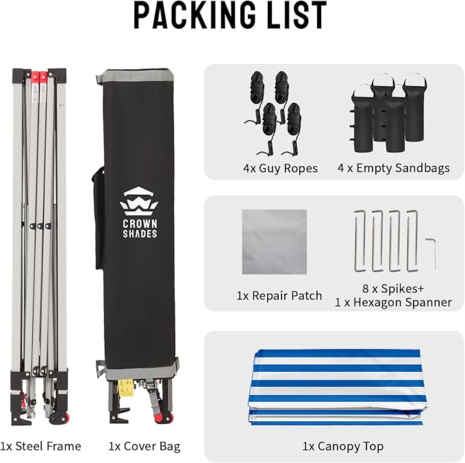 CROWN SHADES 10x10 Pop Up Canopy - Beach Tent with One Push Setup - Outdoor Sun Shade for Events, Parties, Camping - STO-N-Go Cover Bag, Silver Coated Top, 3 Height& 4 Sand Bags, Sky Blue Stripes