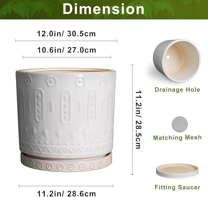 Ceramic Pots for Plants 12 Inch - Large Ceramic Planters for Indoor Plants Outdoor Modern Flower Pot with Drainage Holes and Saucer for Office Garden Patio White