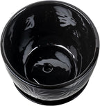 MyGift 7 Inch Glossy Black Ceramic Plant Pot with Drainage Hole and Attached Saucer, Modern Decorative Embossed Sunburst Planter Container for Indoor Home Garden