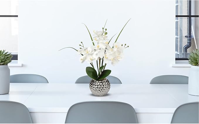 Briful Orchids Artificial Flowers, 20'' White Faux Orchid with Silver Vase Fake Phalaenopsis Flowers for Home Table Living Room Office Kitchen Decor
