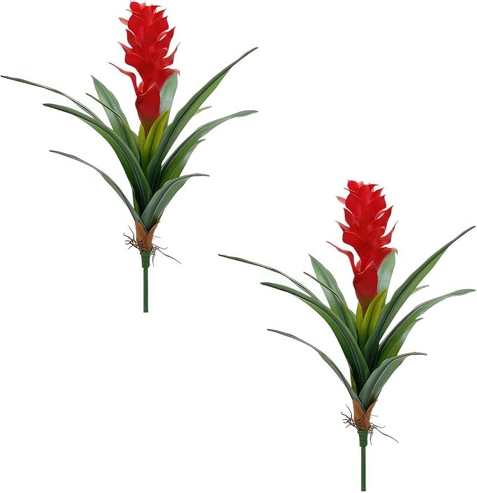 2Pcs Artificial Bromeliad Plants, 18" Fake Hawaiian Ginger Flower,Large Real Touch Faux Tropical Flowers, Lifelike Exotic House Plants for Home Office Indoor Decoration (Red)