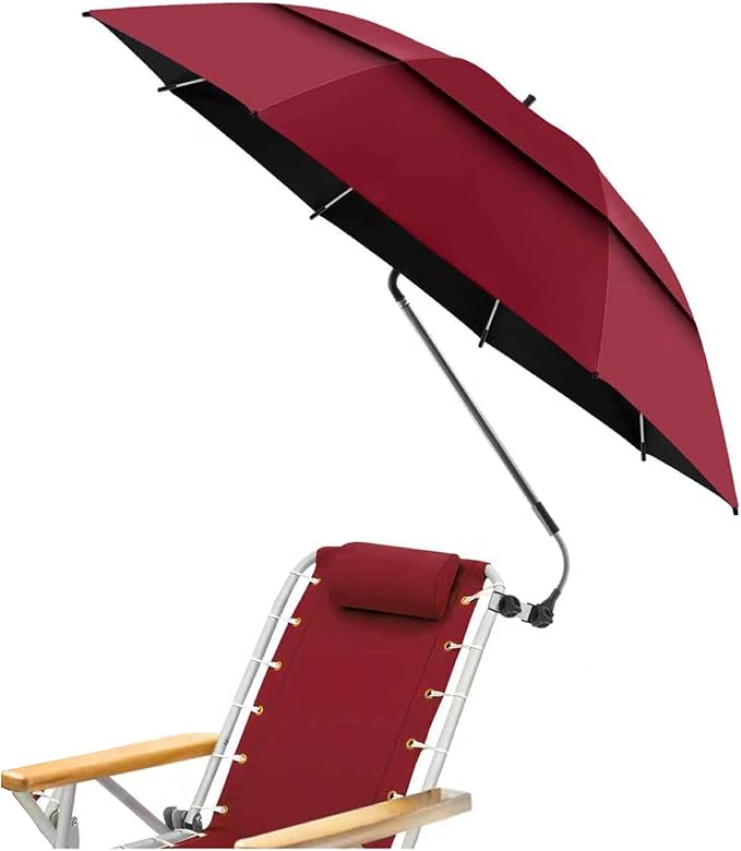 48.6" Double Canopy Beach Umbrella with Clamp, UPF50+ Beach Chair Umbrella with clip, 360°Adjustable Portable Outdoor Wheelchair, Patio, Golf Carts,Camping(Wine Red)