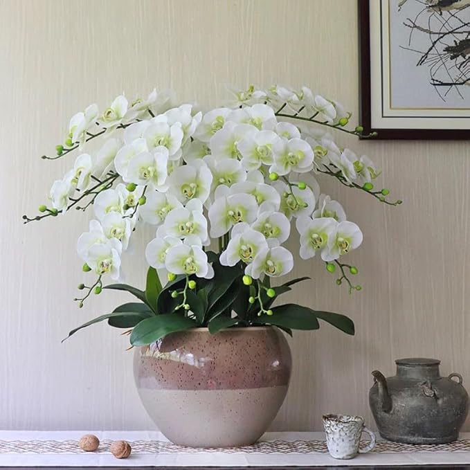 Htmeing 38 Inch Artificial Phalaenopsis Flowers Branches Real Touch (Not Silk) Orchids Flowers for Home Office Wedding Decoration,Pack of 2 (Green White)