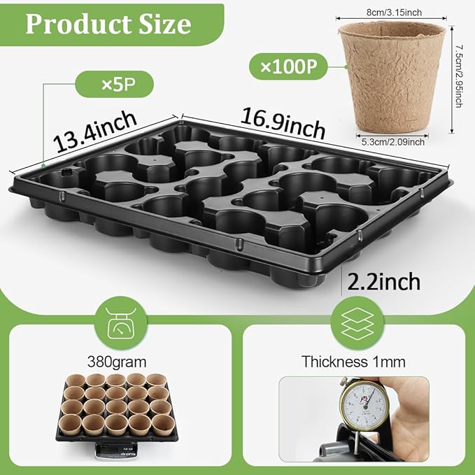 RooTrimmer 3.15 Inch Peat Pots 100 Pcs with 20 Cell Seedling Trays 5 Pcs, Biodegradable Seed Starter Pots with Drainage, Reusable Nursery Tray for Seed Starting Indoor Gardening Propagation Kit 5 Sets