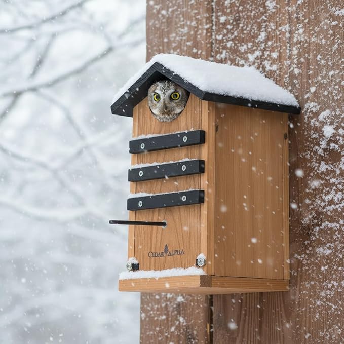 Cedar Screech Owl House Box, Squirrel Nesting Shelter, Large Cedar Bird House for Outside, Rustic Big Birdhouse,Nesting Shelter Nester Heavy Duty, Stainless Steel Perch,Assemble Needed