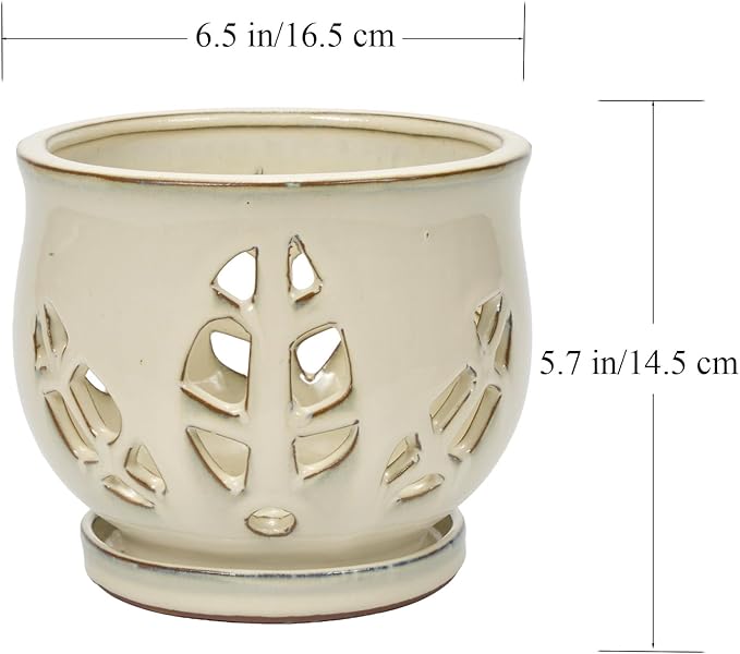 W&W Orchid Pot with Holes and Saucer for Repotting and Better Grow, Cream White, 6.5"