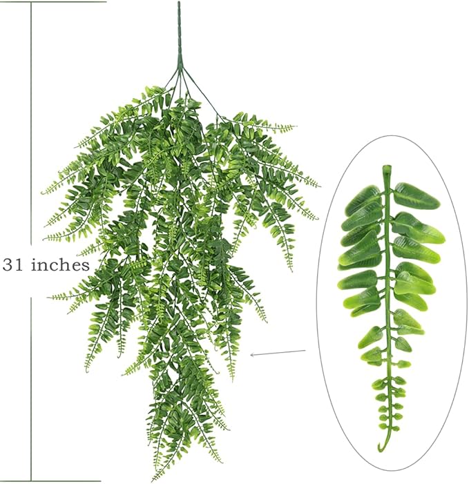 Artificial Boston Hanging Plants, Fake Ferns Ivy Plastic Plant Vine Faux Leaves UV Resistant Vines Greenery for Indoor Outdoor Bathroom Decor Office Garden Party Wedding DIY Decoration 4 Pack