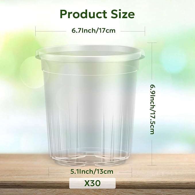 Bluepro 30 Packs 1 Gallon Reinforced Clear Nursery Pots with Drainage Holes, 7 Inch Transparent Plastic Plant Pot Seedling Planter for Vegetable Propagation, Root Cutting, Seed Starting