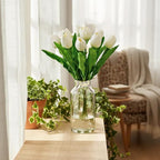 Mandy's White Artificial Tulips Flowers Centerpiece, 17.7" Lifelike PU Fake Floral Stems 6pcs for Kitchen Island & Dining Table, Spring Decor for Easter