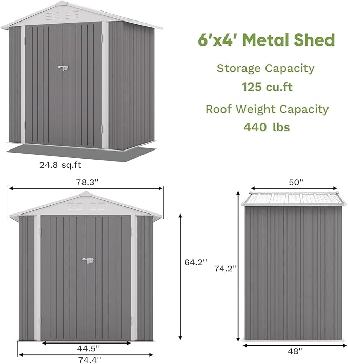 Patiowell 6x4 FT Storage Shed, Outdoor Metal Sheds with Lockable Door and Sloping Roof, Waterproof Outside Utility Garden Tool Shed with Breathable Vents for Patio Lawn Backyard, Gray