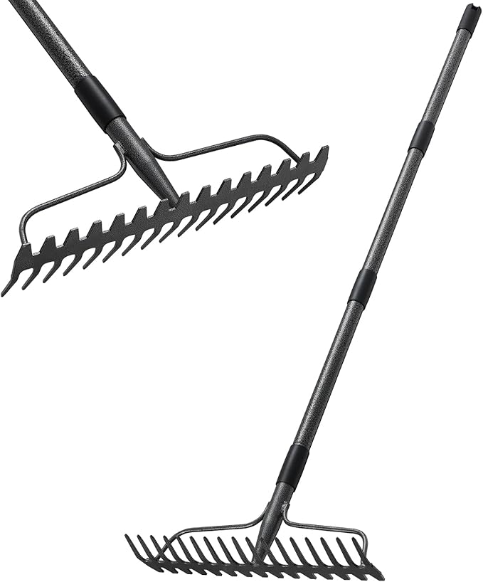 Bow Rake,Thatch Rakes for Lawns, Heavy Duty Metal Garden Rake with 17 Prongs, Adjustable Yard Rock Rake for Gardening Loosening Soil, Long Handle 60 Inches