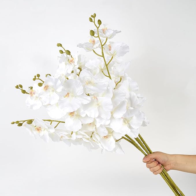 6 Pcs Artificial Orchid Stems 33.5" Tall 9 Large Petals Fake White Phalaenopsis Flower Arrangements for Home Wedding Living Room Table Centerpiece Office Table Decor White