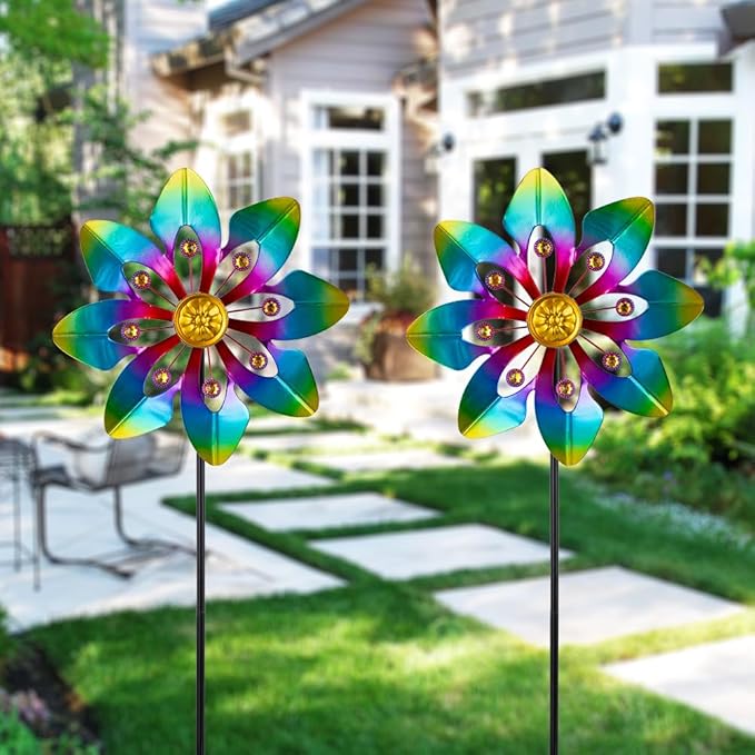 VEWOGARDEN 2 Pack Wind Spinners Outdoor, Metal Wind Spinner with Flower Design for Yard Garden Lawn Decorations, Colorful