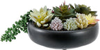 MyGift 8-Inch Artificial Succulent Plant Arrangement, Assorted Fake Plants in Modern Black Round Concrete Planter Bowl