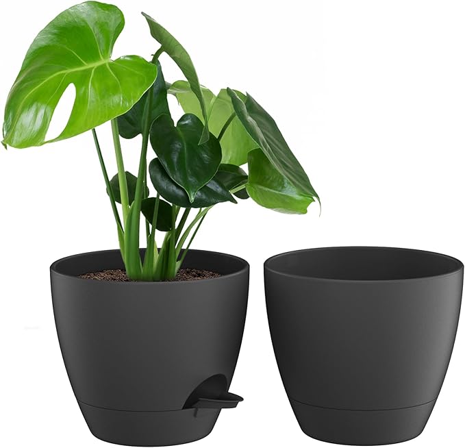 ZMTECH 10 Inch Plant Pots Set of 2 Planters for Indoor Plants Self Watering Pots Flower Pots with Drainage Holes and Saucer for Outdoor Plants(Black)