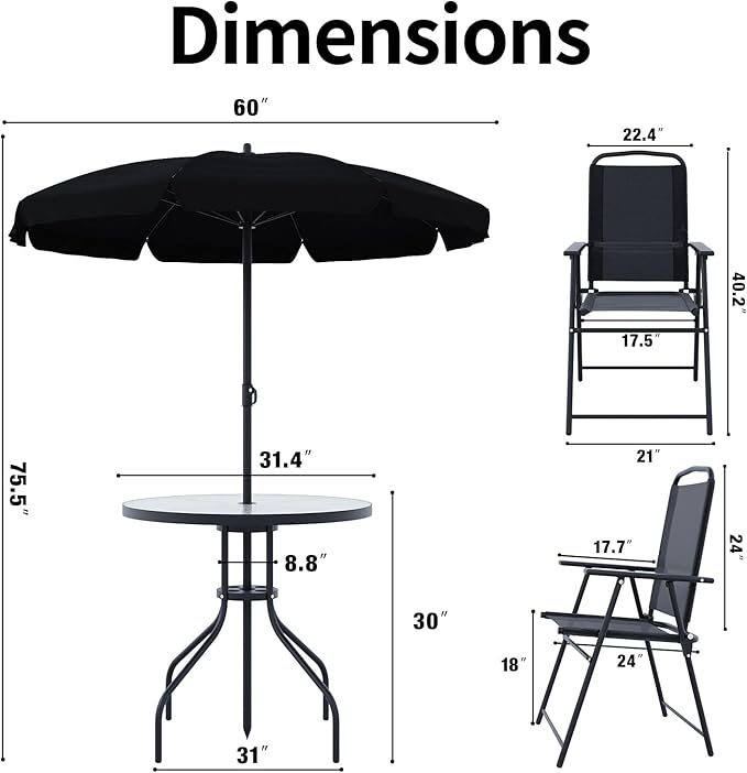 TAVATA Patio Dining Set with Umbrella, Patio Table and Chairs Set with Round Glass Table, 4 Folding Chairs, 6 Piece Outdoor Furniture Sets for Garden, Lawn, Backyard, Deck (Black)