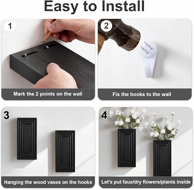 Wooden Wall Planter Vase,2 Pack Hanging Planter for Indoor Fake Plants Modern Boho Farmhouse Wall Art Decor for Home Indoor Kitchen Modern Farmhouse Bathroom Living Room Dining Room(Black)