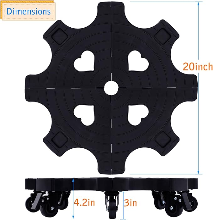 20 Inch Plant Caddy With Wheels - Heavy Duty Outdoor Indoor Rolling Plant Stand With Casters Black Plant Dolly Large Potted Planter Cart For Big Flower Pots Plants Pots, Heart Shaped Garden Pot Mover
