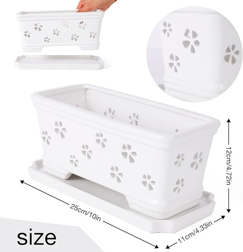 10 * 4.3 * 4.3Inch Rectangle Ceramic Orchid Pot with Holes & Saucer White Effective Drainage & Ventilation for Indoor Orchids ﻿