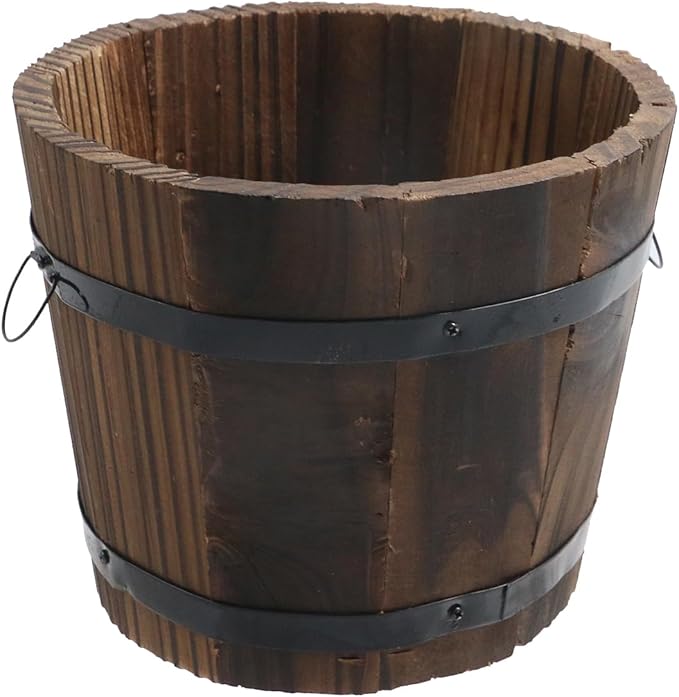 MY MIRONEY Plant Pots, Vintage Wooden Barrel Planter - Solid Rustic Garden Flower Pot with Metal Handles & Frame for Indoor Planter, Office Home Decor, Garden Home Plants, 5.91" x 4.72"