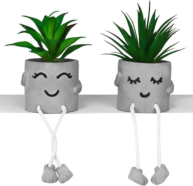 Zerzsy Faux Succulents in Cement Pots with Hanging Leg, Potted Mini Fake Plants for Desk Decor, Kitchen Shelf Decor, Office Decoration for Women, Bathroom Shelf Plants Decoration - Set of 2