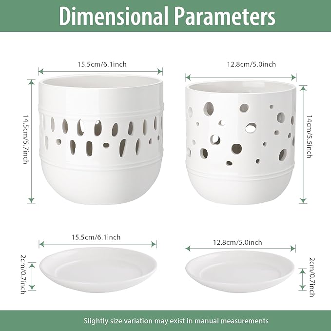 Set of 2 Orchid Pot, 5+6 Inch Orchid Pots with Holes, Orchid Pots for Repotting, Ceramic Flower Pots with Drainage and Tray, Planters for Indoor/Outdoor Plants - White