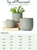 LE TAUCI Ceramic Pots for Plants, 8.3/7/6 Inch Indoor Planters with Drainage Holes & Mesh, Modern Glossy Glaze Cylinder Fluted Plant Pot for Snake Plant, Set of 3, Mist Gray