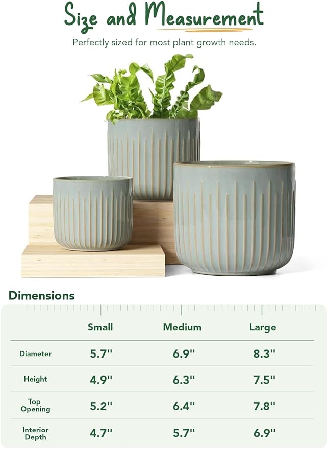 LE TAUCI Ceramic Pots for Plants, 8.3/7/6 Inch Indoor Planters with Drainage Holes & Mesh, Modern Glossy Glaze Cylinder Fluted Plant Pot for Snake Plant, Set of 3, Mist Gray